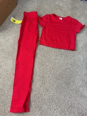 all in motion Red Waffle-Knit Crop Tee and Leggings Set